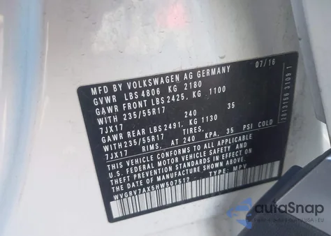 2017 Volkswagen Tiguan 2.0T Wolfsburg Edition from USA, damaged, VIN WVGRV7AX5HW507512